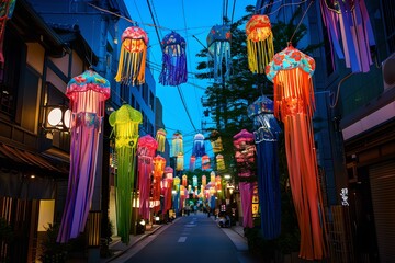 Naklejka premium Colorful paper lanterns hanging in street at night. Festive decorations. Tanabata festival concept. Japanese holiday and Japan culture. Design for greeting card, banner, poster