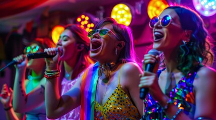 Obraz premium LGBTQ+ friends at a karaoke night, singing, vibrant outfits, colorful lights, joyful atmosphere, inclusivity, diversity, togetherness, fun moments, happy expressions, entertainment, supportive
