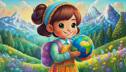 oil painting style CARTOON CHARACTER CUTE Multiracial Little Girl Holding Small Globe