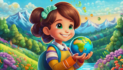 oil painting style CARTOON CHARACTER CUTE Multiracial Little Girl Holding Small Globe