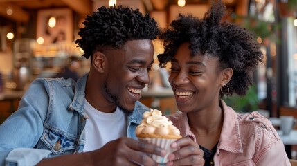 LGBTQ+ couple sharing a dessert at a cafe, smiling, casual outfits, cozy setting, love, inclusivity, companionship, diversity, happy together, sweet moment, urban backdrop, enjoying treat, copy space