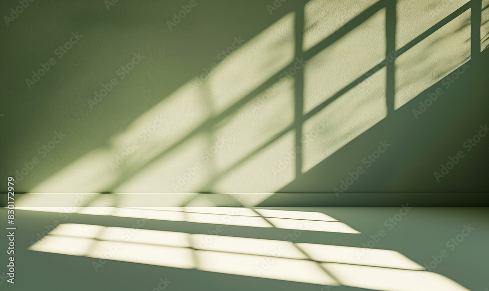 Poster light green background, sunlight shining through the window onto the floor, casting soft shadows on 