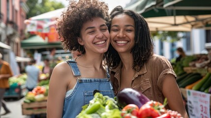 Naklejka premium LGBTQ+ couple visiting a farmer market, smiling, casual outfits, love, inclusivity, companionship, diversity, happy together, fresh produce, urban setting, outdoor activity, community event