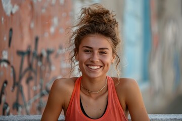 Smiling woman in sportswear taking a break after outdoor workout against urban building background