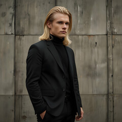 A man with windswept blond hair poses in a sharp black blazer, exuding a confident yet approachable air.