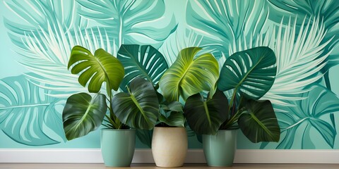 Obraz premium Hand-drawn tropical forest wallpaper adorned with monstera and palm leaves. Concept Tropical Forest, Hand-drawn Design, Monstera Leaves, Palm Leaves, Wallpaper