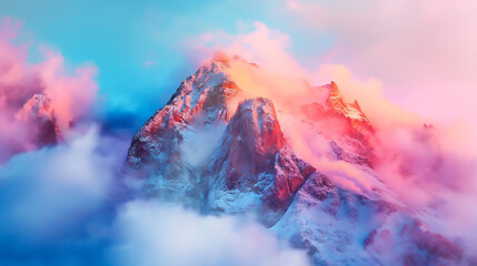 Panorama of a colorful tall rocky mountain covered in white smoke, Colorful snow mountains in sunny day