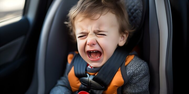 A child showing dislike for confinement by crying and resisting getting into a car seat. Concept Child Behavior, Car Seat Struggle, Crying Outbursts, Emotional Development, Parenting Challenges