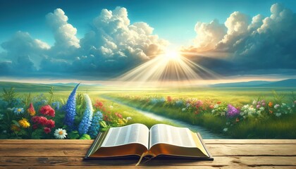 Bible 12. An open Bible on a wooden table against the background of a summer field with a river and flowers at sunset