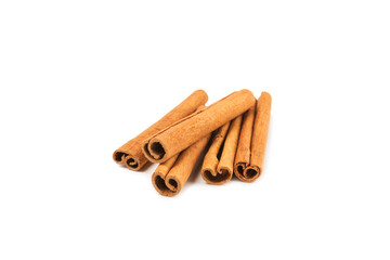 Cinnamon sticks isolated on white background. Cinnamon roll. Spicy spice for baking, desserts and drinks. Fragrant ground cinnamon.