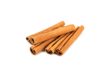 Cinnamon sticks isolated on white background. Cinnamon roll. Spicy spice for baking, desserts and drinks. Fragrant ground cinnamon.