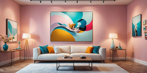 A modern art gallery-inspired living room with pastel walls showcasing abstract paintings and sculptures