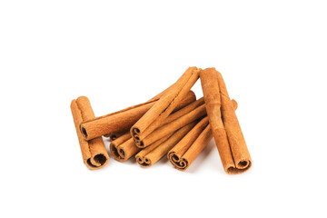 Cinnamon sticks isolated on white background. Cinnamon roll. Spicy spice for baking, desserts and drinks. Fragrant ground cinnamon.
