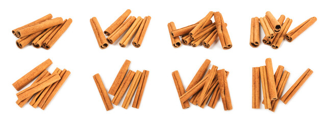 Cinnamon sticks isolated on white background. Cinnamon roll. Spicy spice for baking, desserts and...
