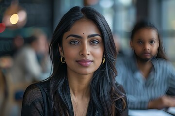 Obraz premium Woman sitting at table with man in background