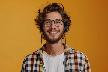 Fototapeta premium Man listening music glasses smile headphones