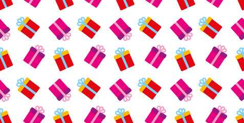 Seamless pattern with multi colored gift boxes on a white background. Gift. Cover. Packing paper. Vector illustration
