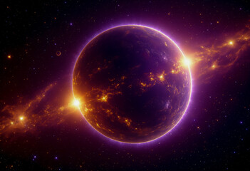 Fototapeta premium The sun in its ultraviolet glow ejects plasma prominences. Space theme. Banner, poster, background. Copy space