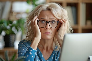 Serious blond woman in glasses using laptop