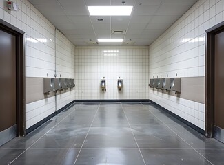 The interior of a public men's bathroom with a gray tile floor, white and black tiled walls, 