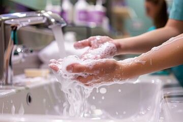 Fototapeta premium Person washing hands in bathroom sink