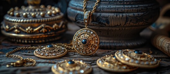 Antique artifacts and gold and silver jewelry, antiques collection concept