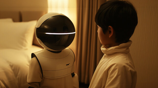 Young child interacting with a futuristic robot. Generative AI