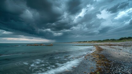 Storm approaching over picturesque seascape with grey clouds at the seaside