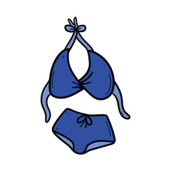 Hand drawn doodle women blue swimsuit on white background.