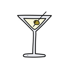 Hand drawn martini with olive doodle on white background.