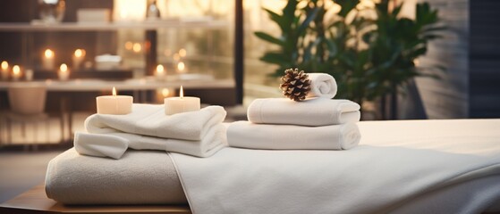 A minimalist spa arrangement with white towels, a small Christmas tree, and twinkling lights, modern design, clean and bright, high detail 8K , high-resolution, ultra HD,up32K HD
