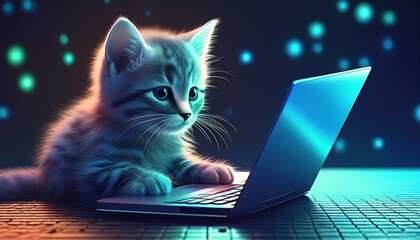 Kitten's Workstation: Busy Day on the Laptop