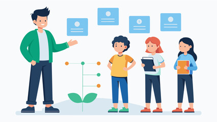 A student stands by their timeline confidently explaining each event and its significance to their classmates during a presentation.. Vector illustration
