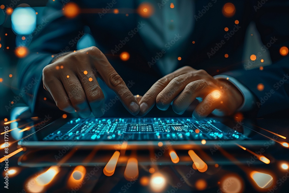 Wall mural person typing on laptop with glowing lights