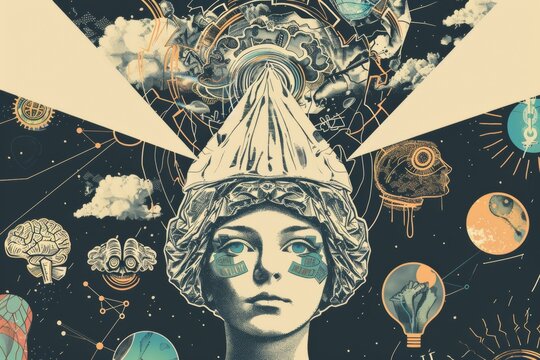 person wearing tinfoil hat - conspiracy theory idea illustration