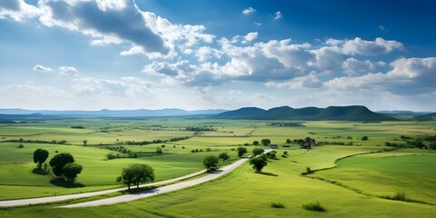 Naklejka premium Scenic Aerial View of Farmland with Rolling Fields and Country Road. Concept Aerial Photography, Farmland, Rolling Fields, Country Road, Scenic Views
