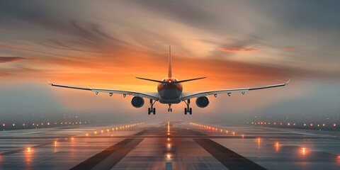 A large passenger jet with landing gear down ascending on a runway at sunset or dawn. Concept Aviation Photography, Sunrise Landing, Airplane Takeoff, Runway View, Sunset Departure