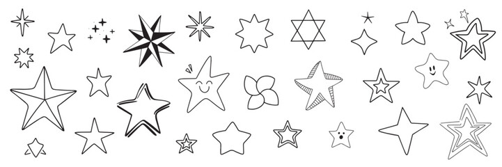 Obraz premium Collection of outline stars in doodle style. Hand drawn vector art.