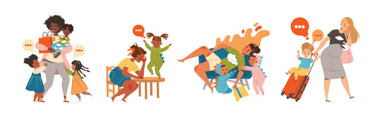 Tired Mom with Kids Feeling Stress and Exhaustion of Noisy and Naughty Toddler Vector Set