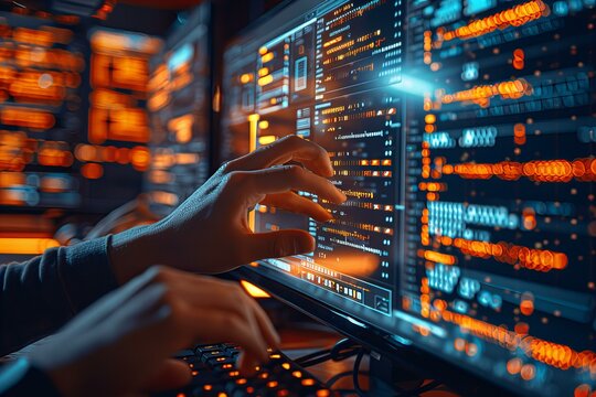Person typing on computer screen with extensive code