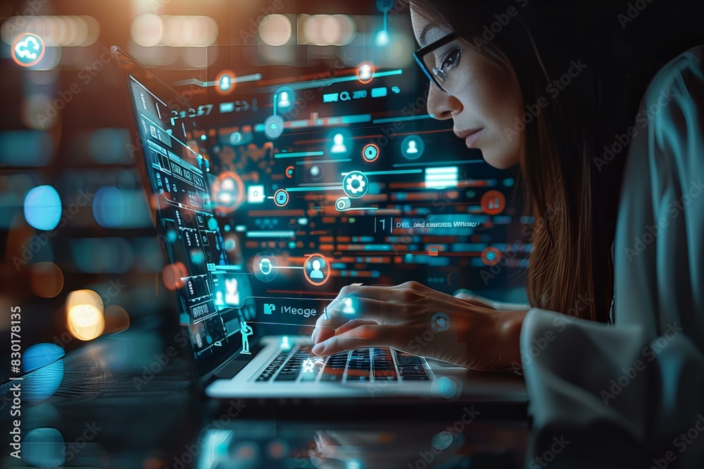 Canvas Prints Woman using a laptop with many icons on screen