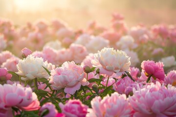 peonies field or plantation at sunrise or sunset, flower growing industry