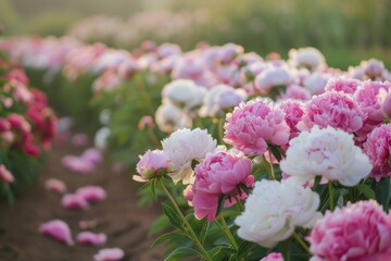 Fototapeta premium peonies field or plantation, flower industry