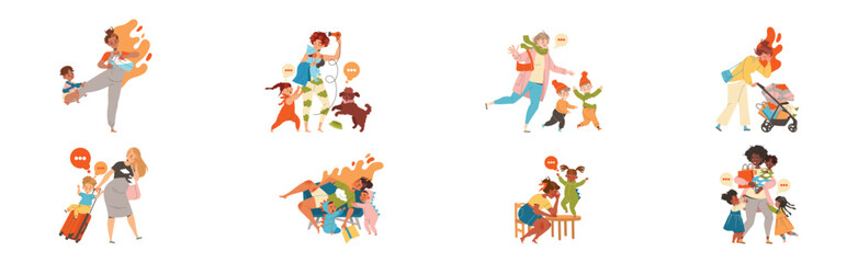 Tired Mom with Kids Feeling Stress and Exhaustion of Noisy and Naughty Toddler Vector Set