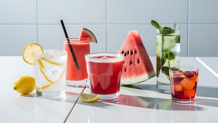 Set with different refreshing summer beverages on white background