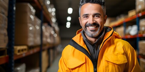 Warehouse worker in safety jacket smiling for the camera. Concept Industrial Work, Warehouse Setting, Safety Gear, Portrait Photography, Smiling Gesture