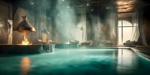 Guests relaxing in the aquamarine steam room of a hotel spa retreat with a pool area. Concept Hotel Spa Retreat, AquaSteam Room, Relaxing Guests, Pool Area, Aquamarine Environment