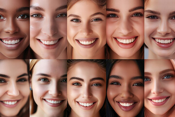 A group of women with different skin tones and features are smiling for the camera. Concept of diversity and inclusivity, celebrating the beauty of all skin tones and features