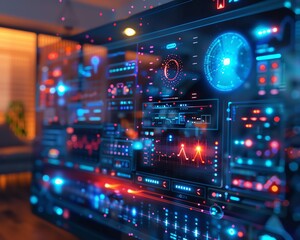 Fototapeta premium Futuristic data interface with vibrant visuals, showcasing advanced technology and digital analytics in a modern setting.