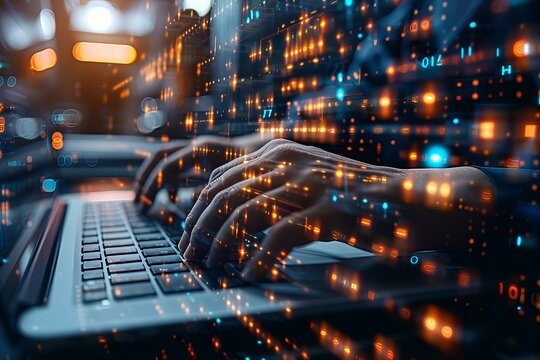Person typing laptop glowing dots screen technology